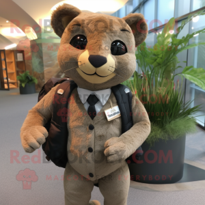 Tan Jaguarundi mascot costume character dressed with a Suit Jacket and Backpacks