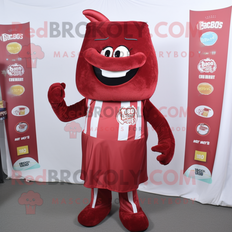 Maroon Bbq Ribs mascot costume character dressed with a Trousers and Lapel pins Maroon Bbq Ribs mascot costume character dressed with a Trousers and Lapel pins