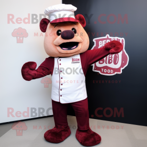 Maroon Bbq Ribs mascot costume character dressed with a Trousers and Lapel pins