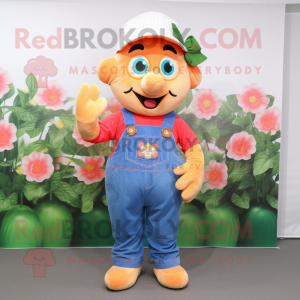 Peach Bouquet Of Flowers mascot costume character dressed with a Dungarees and Caps