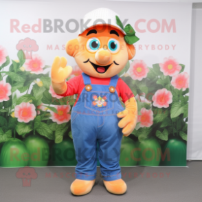 Peach Bouquet Of Flowers mascot costume character dressed with a Dungarees and Caps