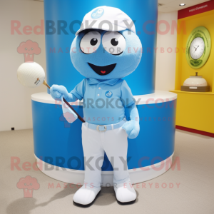 Sky Blue Golf Ball mascot costume character dressed with a Polo Shirt and Watches