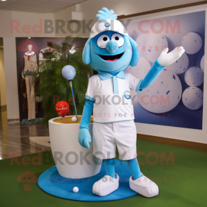 Sky Blue Golf Ball mascot costume character dressed with a Polo Shirt and Watches