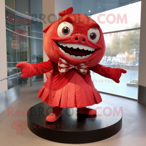 Red Piranha mascot costume character dressed with a Circle Skirt and Bow ties