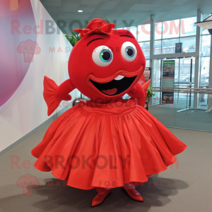 Red Piranha mascot costume character dressed with a Circle Skirt and Bow ties
