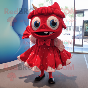 Red Piranha mascot costume character dressed with a Circle Skirt and Bow ties