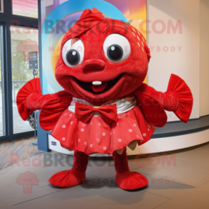 Red Piranha mascot costume character dressed with a Circle Skirt and Bow ties