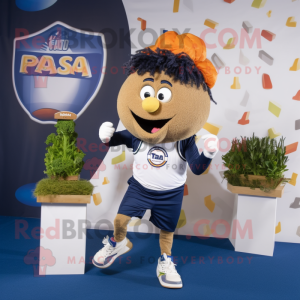 Navy Falafel mascot costume character dressed with a Running Shorts and Lapel pins
