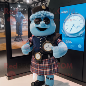 Black Bagpipe mascot costume character dressed with a Chambray Shirt and Smartwatches