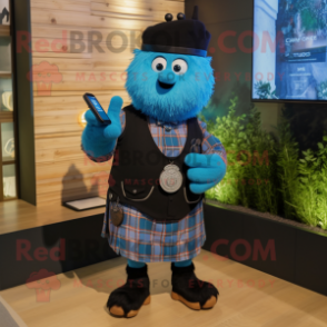 Black Bagpipe mascot costume character dressed with a Chambray Shirt and Smartwatches