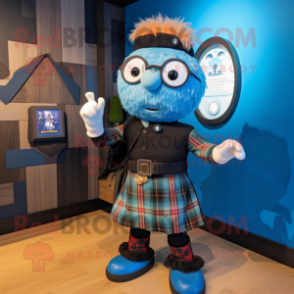 Black Bagpipe mascot costume character dressed with a Chambray Shirt and Smartwatches