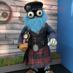 Black Bagpipe mascot costume character dressed with a Chambray Shirt and Smartwatches
