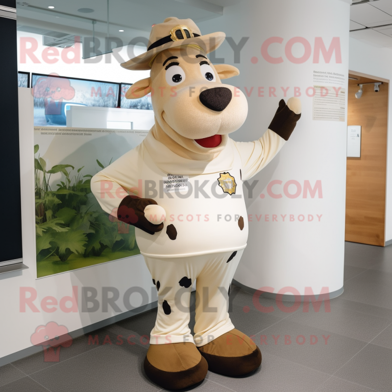 Beige Holstein Cow mascot costume character dressed with a Henley Shirt and Foot pads