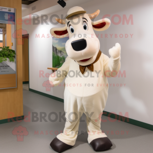 Beige Holstein Cow mascot costume character dressed with a Henley Shirt and Foot pads