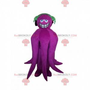 Mascotte de pieuvre violette souriante avec un casque audio -