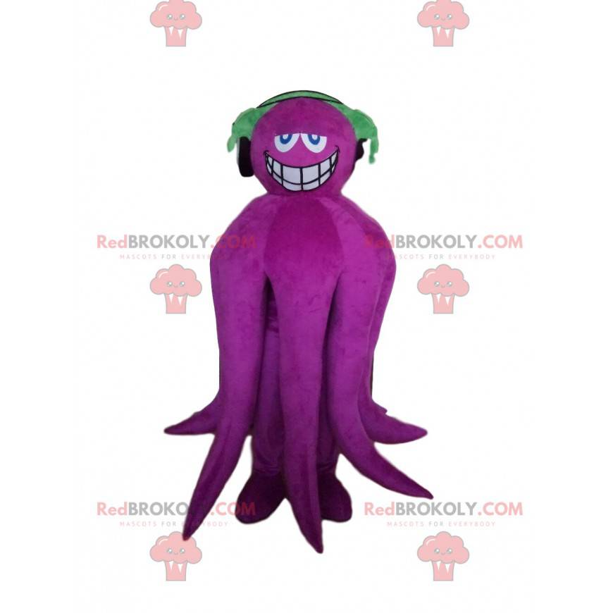Mascote de polvo roxo sorridente com fones de ouvido -