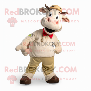 Beige Holstein Cow mascot costume character dressed with a Henley Shirt and Foot pads