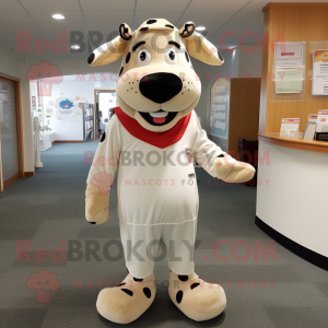 Beige Holstein Cow mascot costume character dressed with a Henley Shirt and Foot pads