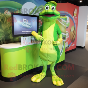 Lime Green Python mascot costume character dressed with a Rash Guard and Hats