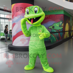 Lime Green Python mascot costume character dressed with a Rash Guard and Hats