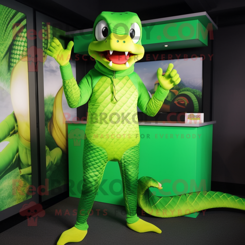 Lime Green Python mascot costume character dressed with a Rash Guard and Hats Lime Green Python mascot costume character dressed with a Rash Guard and Hats