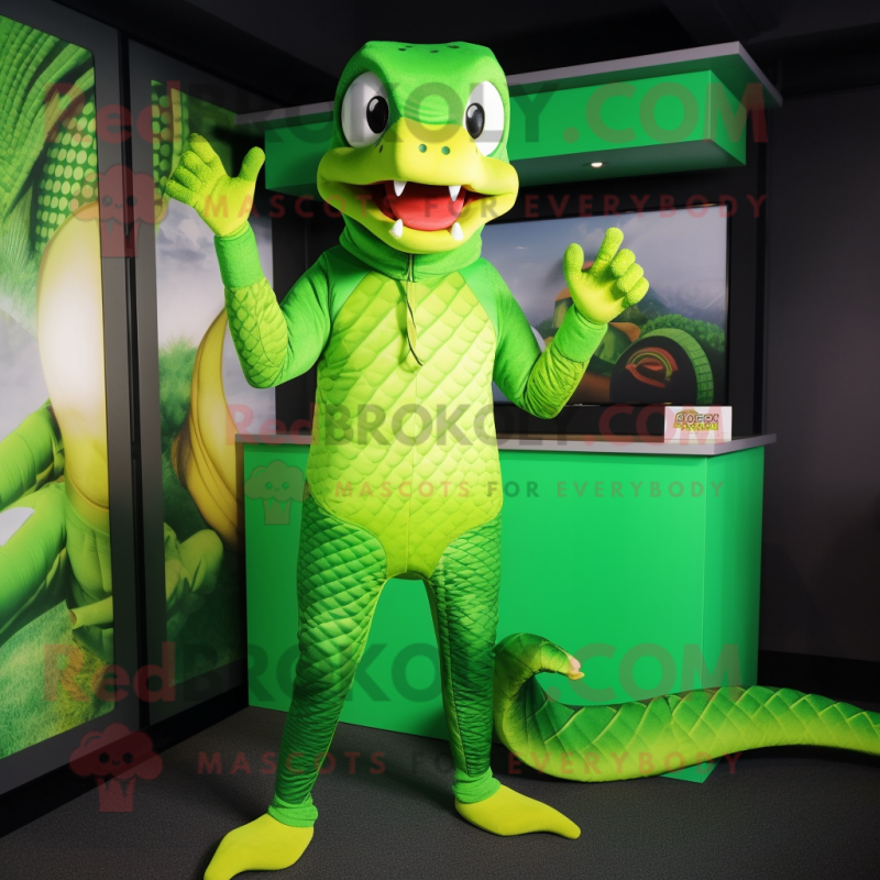 Lime Green Python mascot costume character dressed with a Rash Guard and Hats