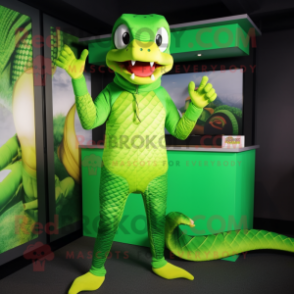 Lime Green Python mascot costume character dressed with a Rash Guard and Hats