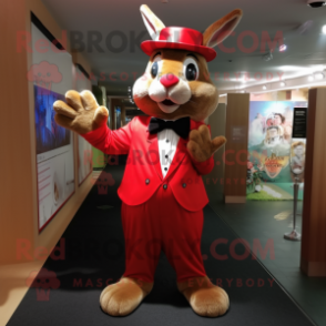 Red Wild Rabbit mascot costume character dressed with a Dress Pants and Hats