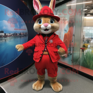 Red Wild Rabbit mascot costume character dressed with a Dress Pants and Hats