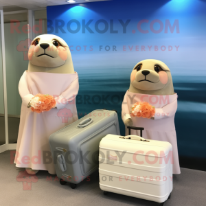 Peach Sea Lion mascot costume character dressed with a Wedding Dress and Briefcases