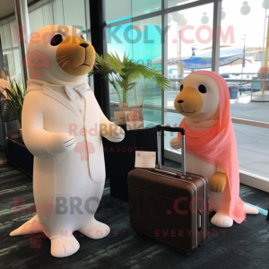 Peach Sea Lion mascot costume character dressed with a Wedding Dress and Briefcases