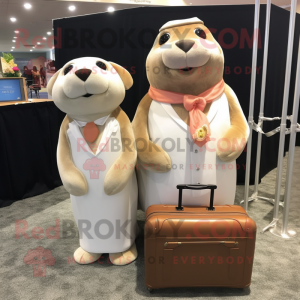 Peach Sea Lion mascot costume character dressed with a Wedding Dress and Briefcases