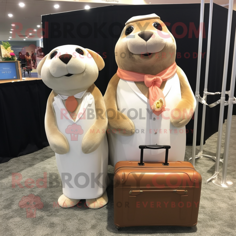 Peach Sea Lion mascot costume character dressed with a Wedding Dress and Briefcases