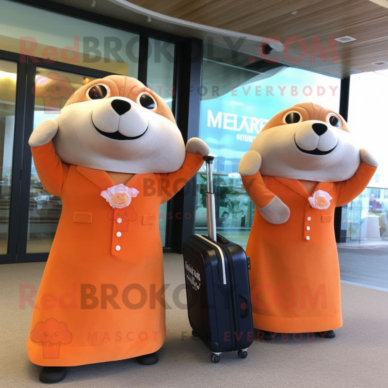 Peach Sea Lion mascot costume character dressed with a Wedding Dress and Briefcases Peach Sea Lion mascot costume character dressed with a Wedding Dress and Briefcases