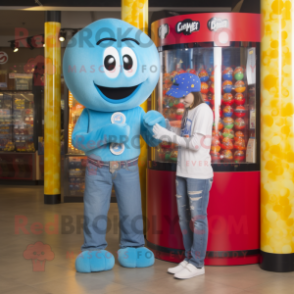 Blue Gumball Machine mascot costume character dressed with a Boyfriend Jeans and Necklaces