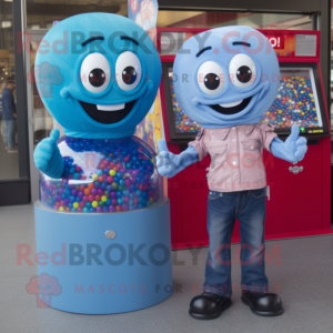Blue Gumball Machine mascot costume character dressed with a Boyfriend Jeans and Necklaces