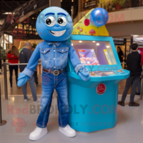 Blue Gumball Machine mascot costume character dressed with a Boyfriend Jeans and Necklaces