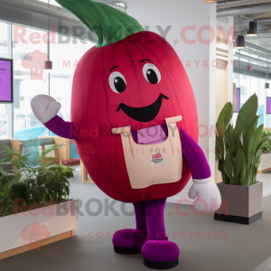 Magenta Radish mascot costume character dressed with a Dungarees and Ties