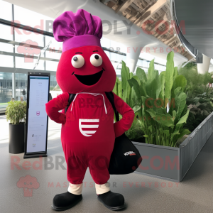 Magenta Radish mascot costume character dressed with a Dungarees and Ties