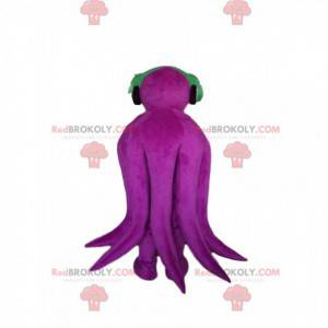 Lächelndes lila Oktopusmaskottchen mit Kopfhörern -
