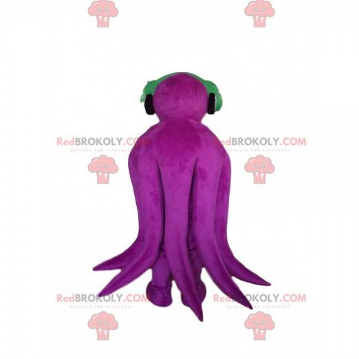 Smilende lilla blæksprutte maskot med hovedtelefoner -