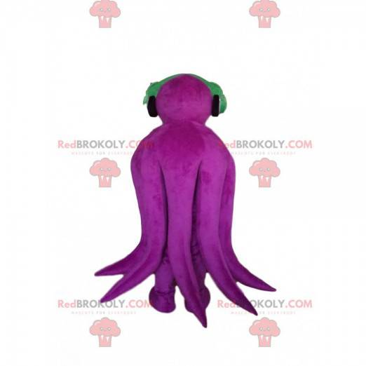 Smiling purple octopus mascot with headphones - Redbrokoly.com