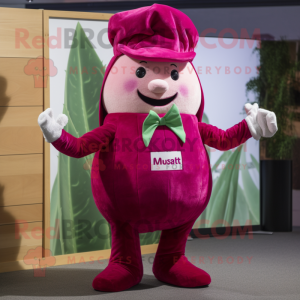 Magenta Radish mascot costume character dressed with a Dungarees and Ties