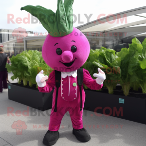 Magenta Radish mascot costume character dressed with a Dungarees and Ties