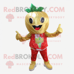 Gold Strawberry mascot costume character dressed with a Leggings and Scarves