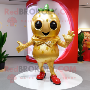 Gold Strawberry mascot costume character dressed with a Leggings and Scarves