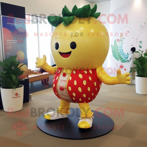 Gold Strawberry mascot costume character dressed with a Leggings and Scarves