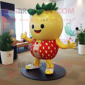 Gold Strawberry mascot costume character dressed with a Leggings and Scarves