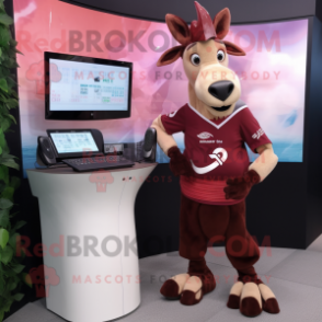 Maroon Okapi mascot costume character dressed with a Pencil Skirt and Digital watches