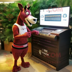 Maroon Okapi mascot costume character dressed with a Pencil Skirt and Digital watches